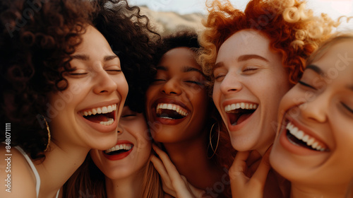 Multi-racial girls taking selfies outdoors with backlight - Happy lifestyle friendship concept on young multiracial best friends having fun day together photo