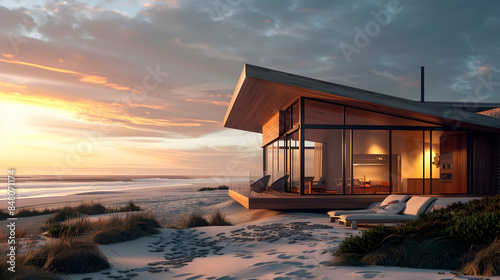 A beach house with a slanted roof, large sliding doors, and a wooden patio. The ocean waves glow with the golden light of the setting sun. photo
