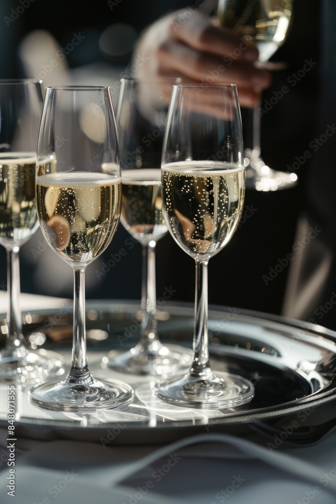 A group of wine glasses sitting on top of a silver tray, perfect for special occasions or events A group of wine glasses sitting on top of a silver tray, perfect for special occasions or events