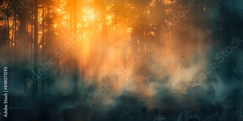 Stunning abstract art prints of foggy forest landscapes at sunrise or sunset. Concept Abstract Art, Prints, Foggy, Forest Landscapes, Sunrise, Sunset