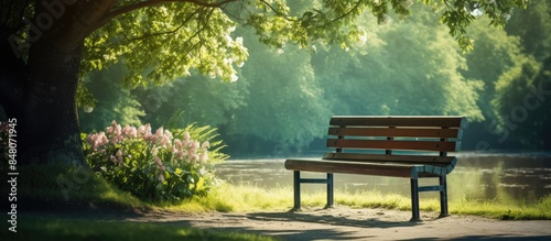 lonely wooden brown bench in the park. Creative banner. Copyspace image