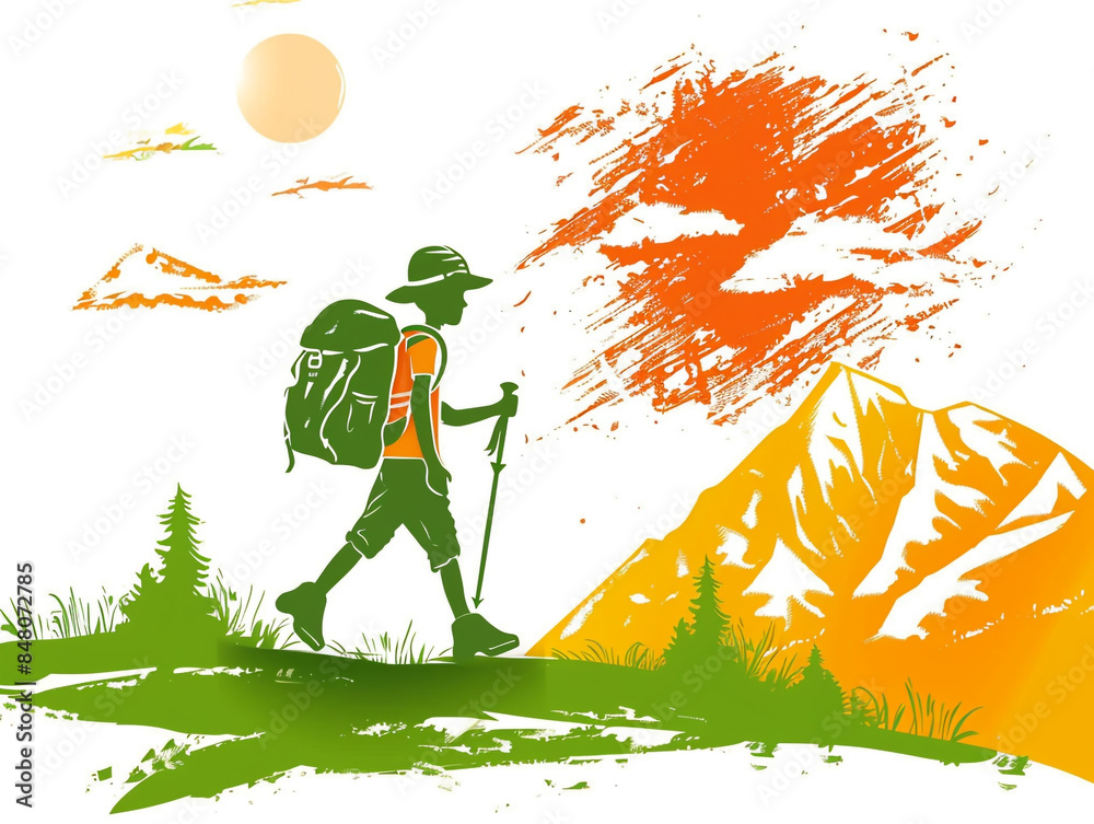 A small child's drawing showing a hiker hiking in a hilly area. Drawing in cartoon style. A small child's drawing showing a hiker hiking in a hilly area. Drawing in cartoon style.