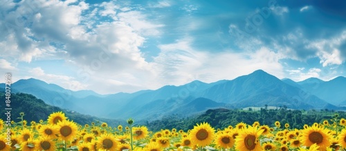 Sunflowers are blooming in the middle of the mountain and the sky is bright. Creative banner. Copyspace image photo