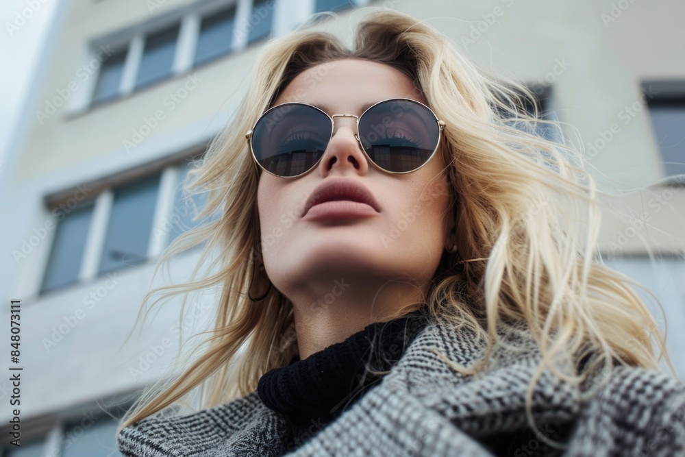 A person standing outside a structure with shades on, perfect for use in urban or architectural settings A person standing outside a structure with shades on, perfect for use in urban or architectural settings