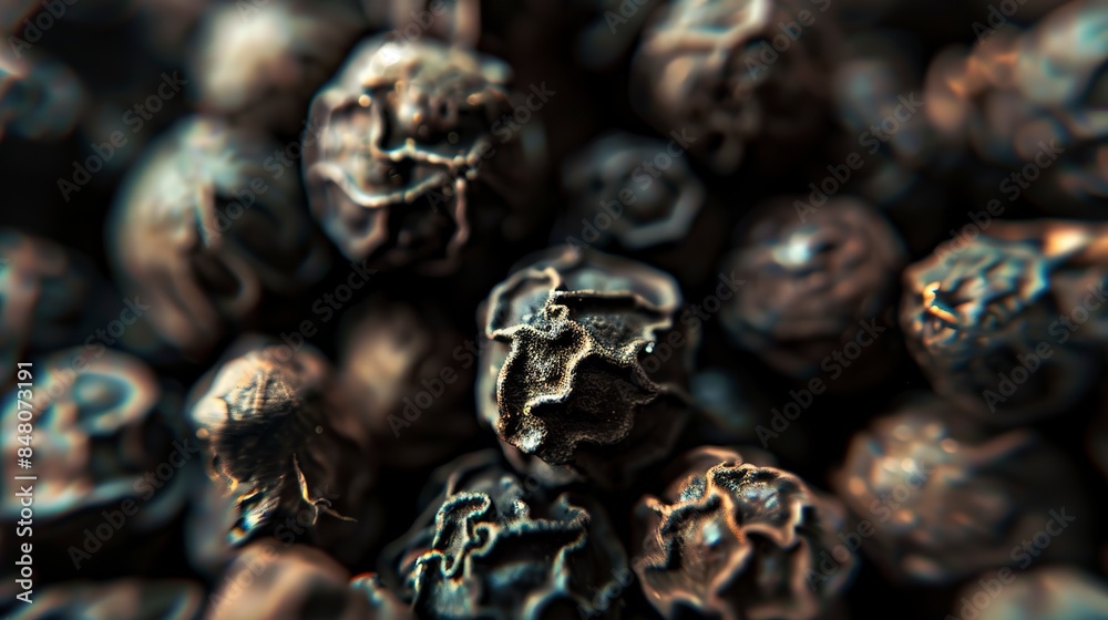 Macro shot of whole black peppercorns, rough textures and dark hues, soft ambient light, detailed and pungent. Macro shot of whole black peppercorns, rough textures and dark hues, soft ambient light, detailed and pungent.