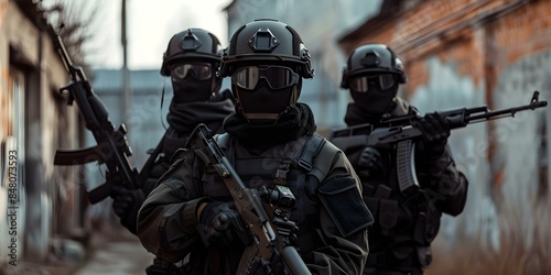 Special forces soldiers in black uniforms and masks holding shotguns. Concept Military, Special Forces, Soldiers, Weapons, Black Uniforms