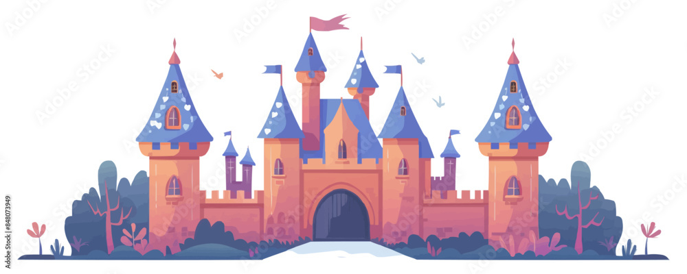 Whimsical fairytale castle with turrets and a moat Vector flat minimalistic isolated illustration Whimsical fairytale castle with turrets and a moat Vector flat minimalistic isolated illustration