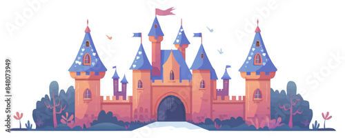 Whimsical fairytale castle with turrets and a moat Vector flat minimalistic isolated illustration