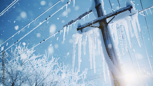 Citric wires covered with snow and frost. frozen wires on the street in the background