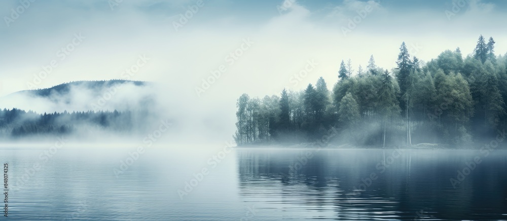 Fog on lake in summer day. Creative banner. Copyspace image
