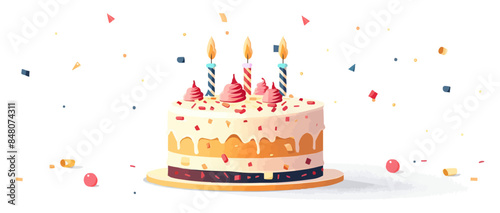 A festive birthday cake, its candles lit, ready to make a wish, representing celebration and joy, resting on a clean white surface. Vector flat minimalistic isolated illustration.