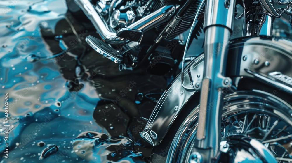 A close-up shot of a motorcycle parked in the water, suitable for use in editorial or commercial contexts where a unique and dramatic scene is required