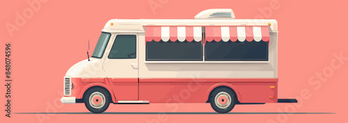 Vintage ice cream truck with a striped awning Vector flat minimalistic isolated illustration