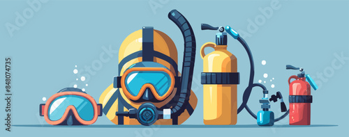 Vintage scuba diving gear with mask, snorkel, and oxygen tank Vector flat minimalistic isolated illustration