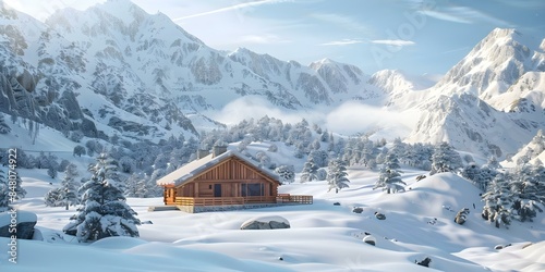 Wooden chalet in snowy mountain landscape showcases alpine architecture with strong visual impact. Concept Alpine Architecture, Snowy Mountain Landscape, Wooden Chalet, Visual Impact