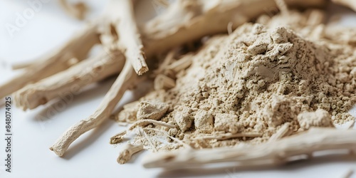 Closeup of kava root powder on white background with selective focus. Concept Kava Root Powder, Closeup Photography, White Background, Selective Focus, Herbal Medicine photo