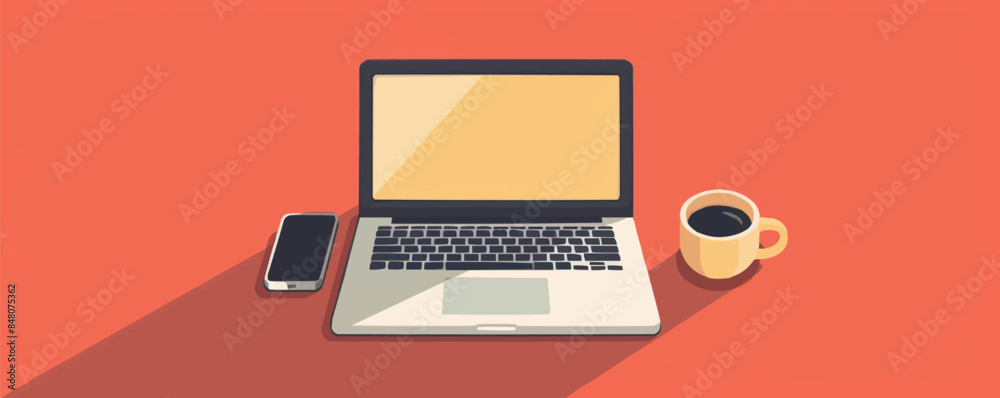Open laptop with a cup of coffee nearby. Vector flat minimalistic isolated illustration. Open laptop with a cup of coffee nearby. Vector flat minimalistic isolated illustration.
