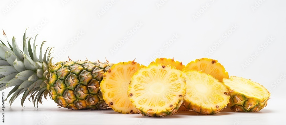 pineapple fruit and sliced pineapple on white background. Creative banner. Copyspace image pineapple fruit and sliced pineapple on white background. Creative banner. Copyspace image