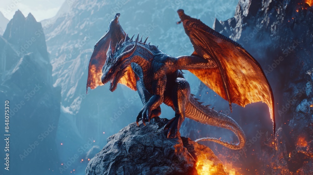 Fototapeta premium Angry evil dragon with red eyes and fire flames.