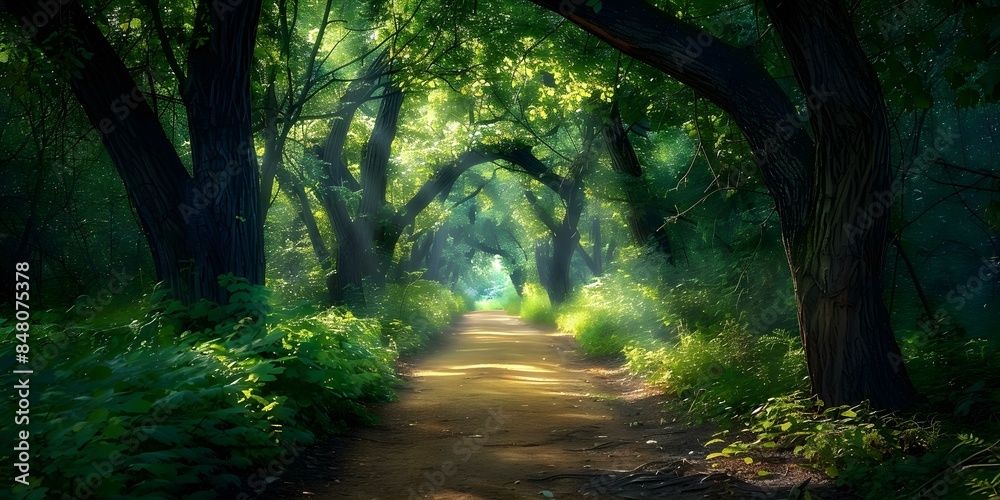 Obraz premium Serene forest path under arching trees with sunlight filtering through leaves. Concept Nature, Forests, Trails, Sunlight, Serenity