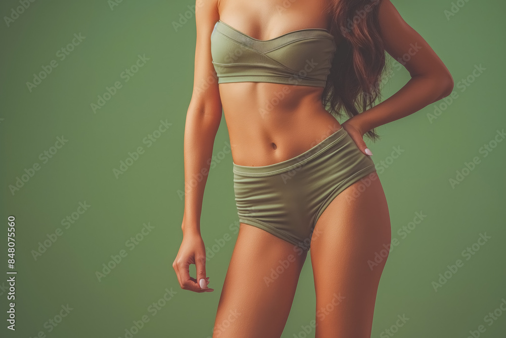 Female beauty model showing khaki lingerie on green background. Beauty and diet. Beautiful abs. Female beauty model showing khaki lingerie on green background. Beauty and diet. Beautiful abs.