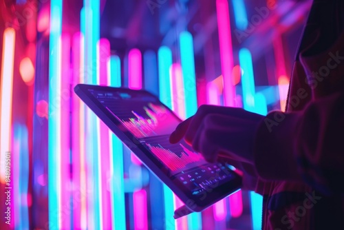 A person sits in front of bright neon lights, using their laptop for work or leisure activities