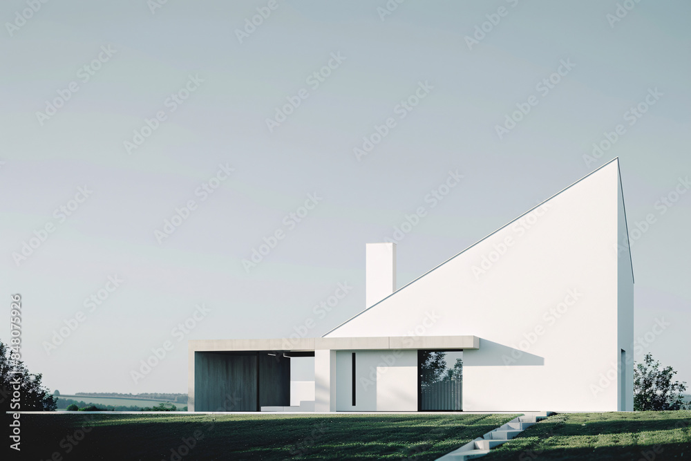 Angular modern house with sharp lines and a sloped roof on a green lawn under a clear sky Angular modern house with sharp lines and a sloped roof on a green lawn under a clear sky