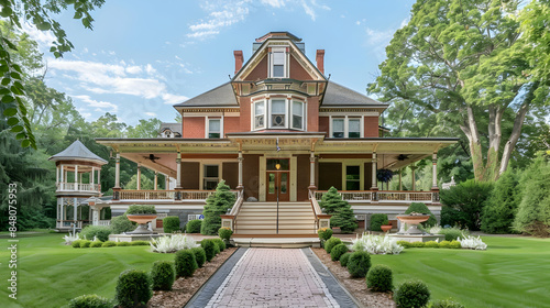 A colonial-style mansion with a grand staircase and wrap-around porch, exuding timeless sophistication and featuring a landscaped backyard with a gazebo