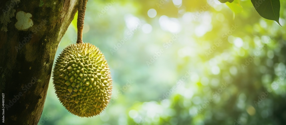 Durian fruit that is still small attached to the tree. Creative banner. Copyspace image Durian fruit that is still small attached to the tree. Creative banner. Copyspace image