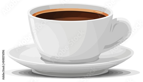 A freshly brewed cup of coffee with a delicate aroma, resting on a white saucer on a white background. Vector flat minimalistic isolated illustration.