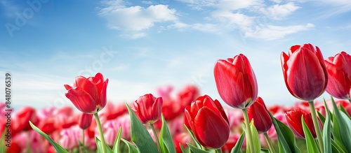 Beautiful flowers background Closeup and amazing view of growing red tulips flower. Creative banner. Copyspace image