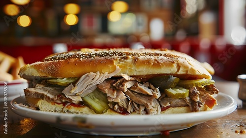 Appetizing Cuban Sandwich with Roasted Pork and Pickles on Vintage Diner Table in Soft Midday Light