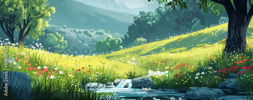 A tranquil woodland glen with a babbling brook and wildflowers. Vector flat minimalistic isolated illustration.