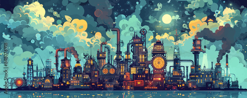 A whimsical steampunk cityscape with towering gears and steam-powered machines. Vector flat minimalistic isolated