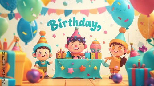 Wallpaper Mural Children at birthday party with decorations balloons and confetti festive design illustration. Happy birthday text background. Torontodigital.ca