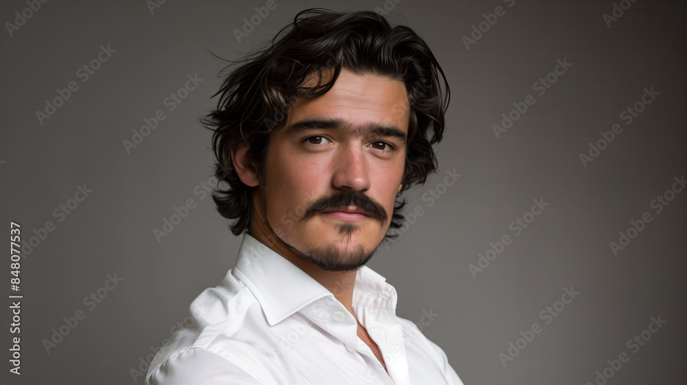 Obraz premium A young man with a moustache wearing a white shirt, facing the camera, studio