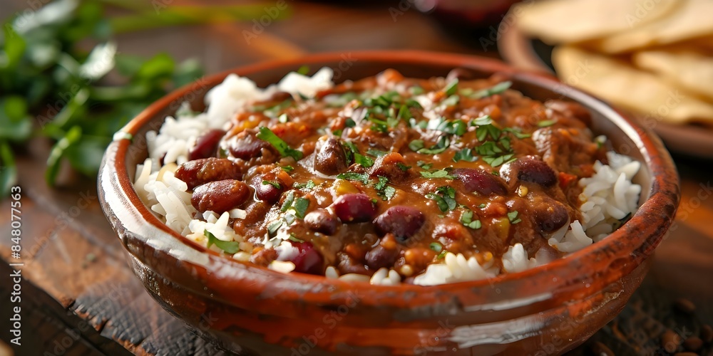 Red bean kidney curry with rice in clay bowl Rajma masala. Concept Indian cuisine, Rajma masala, Vegetarian recipe, Red bean kidney curry, Rice dish Red bean kidney curry with rice in clay bowl Rajma masala. Concept Indian cuisine, Rajma masala, Vegetarian recipe, Red bean kidney curry, Rice dish