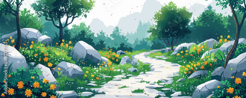 A scenic hiking trail winding through lush green forests and rocky terrain. Vector flat minimalistic isolated illustration.