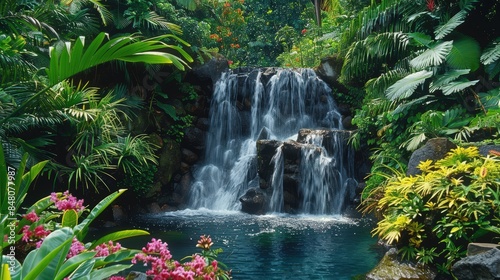Serene Tropical Paradise: Lush Waterfall in Vibrant Jungle Setting