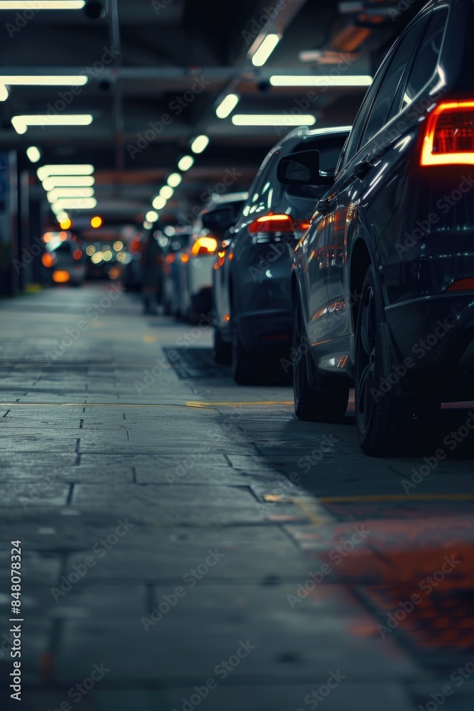 Obraz premium Row of vehicles in an urban parking facility, suitable for use in articles or designs about transportation, infrastructure, or city life