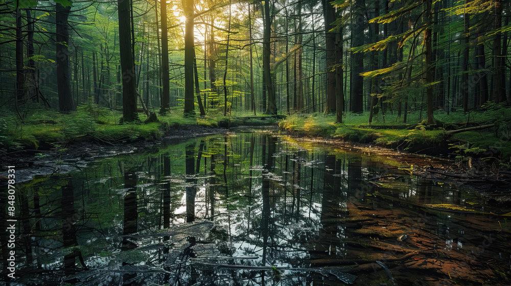 Obraz premium Lush green forest with a small pond in the center