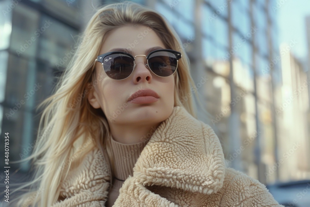 A woman wearing a coat and sunglasses standing in front of a building A woman wearing a coat and sunglasses standing in front of a building
