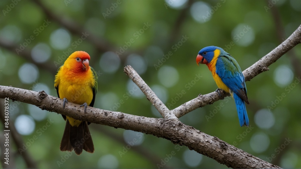Fototapeta premium Colorful parrots perched on tree branches