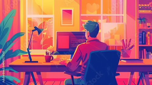 Vibrant Home Office with Man at Computer
