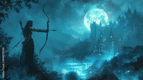 A woman aiming her bow under the moonlight near a majestic castle.