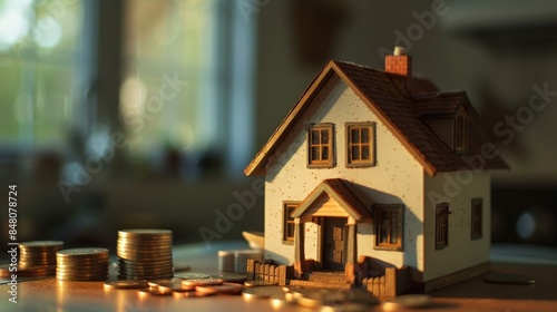 A miniature house rests beside a tall stack of pennies on a table, bathed in a bright light against a blurred background.