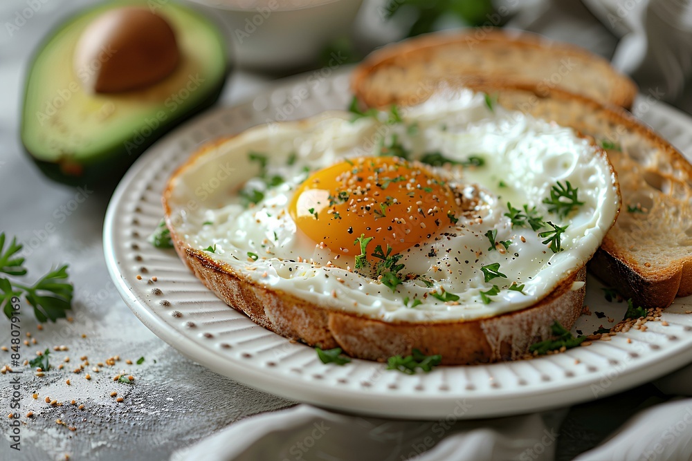 A white plate topped with a fried egg next to an avocado