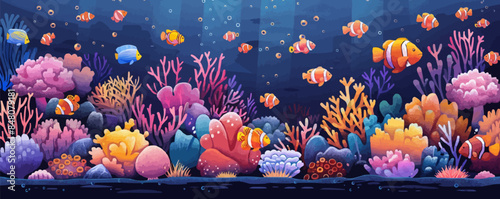 A vibrant coral reef teeming with colorful fish and exotic sea creatures. Vector flat minimalistic isolated illustration.