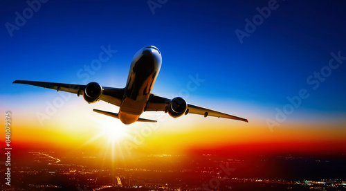Passenger airplane goes on takeoff at sunset over the city lights