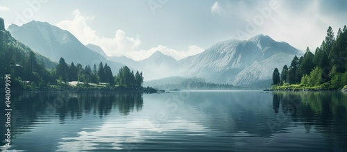 Fototapeta Naklejka Na Ścianę i Meble -  beautiful mountain lake scene. Creative banner. Copyspace image